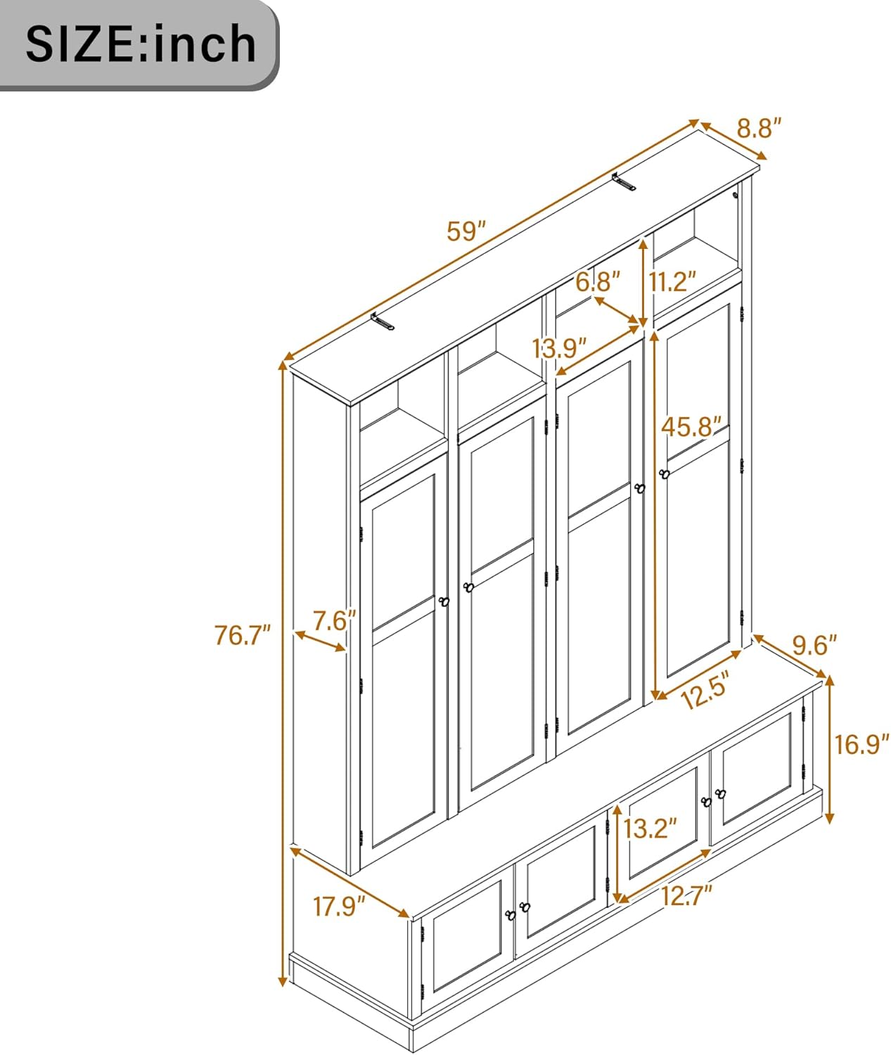 LUMISOL Farmhouse Hall Tree with Bench and Shoe Storage, Entryway Bench with Coat Rack, Hooks, 8 Cabinets & 4 Top Cubbies for Mudroom, Entrance, Hallway, White