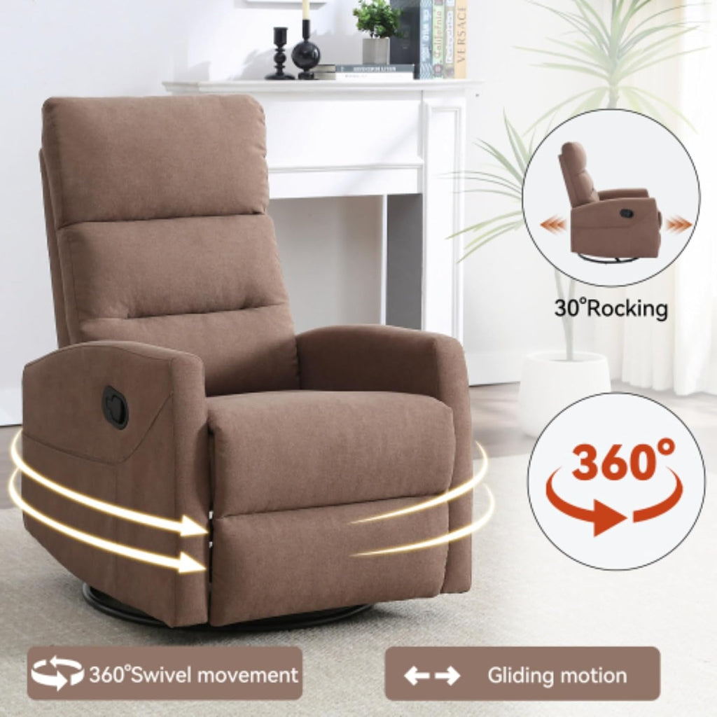 Manual Swivel Rocking Recliner Chair, Fabric Upholstered Glider Seat with 155 Degree Backrest Adjustment, Side Pull Handle, Foam Cushioned Support, Pocket Storage, Living Room Nursery (Brown)