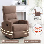 Manual Swivel Rocking Recliner Chair, Fabric Upholstered Glider Seat with 155 Degree Backrest Adjustment, Side Pull Handle, Foam Cushioned Support, Pocket Storage, Living Room Nursery (Brown)