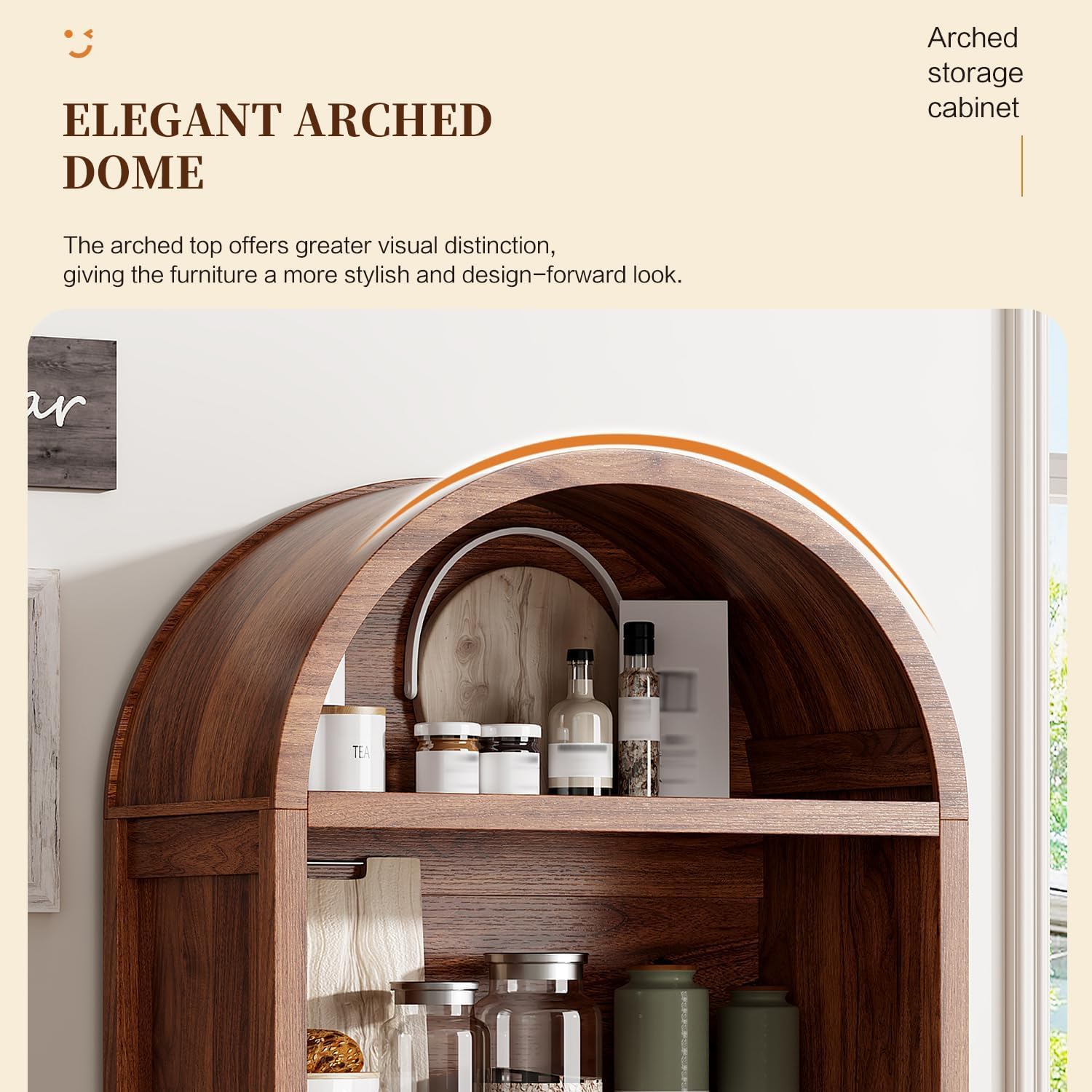 Ieejdn 71" Tall Arched Kitchen Pantry,Modern Fluted Wood Storage Cabinet with Doors,Adjustable Shelves,Organizer, Versatile Cupboard for Kitchen,Living Room,Dining Room,Bathroom,Walnut