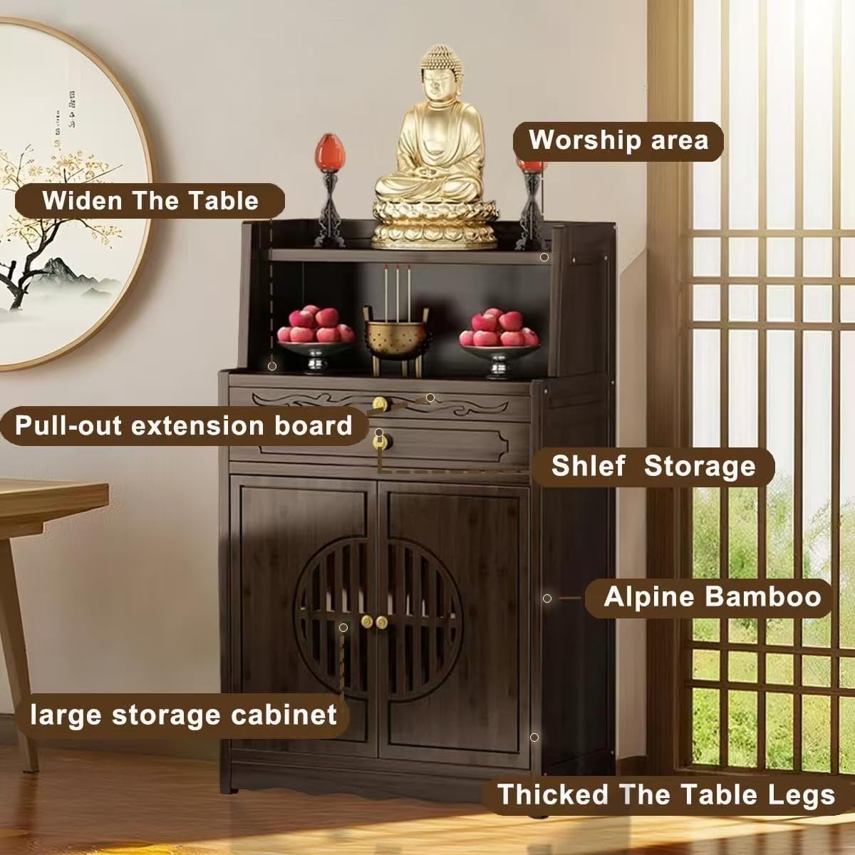 Bamboo Buddhist Altar Table for Home - Meditation Table with Cabinet Door, Chinese for Altar Pooja Tables High Altars with Storage (Ruyi Style)