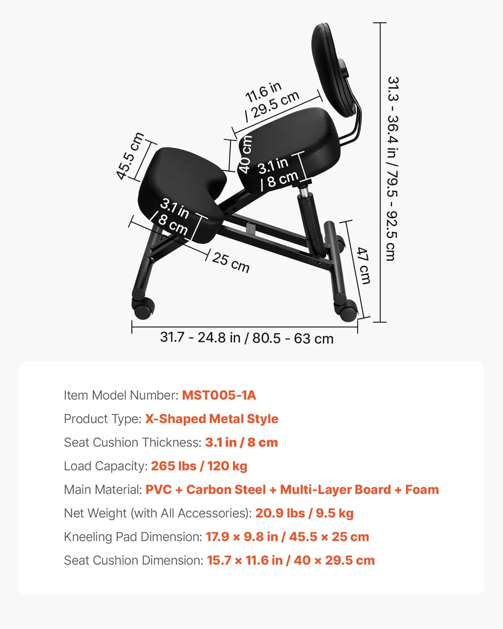 VEVOR Ergonomic Kneeling Chair with Backrest & Wheels, Mobile X-Shaped Posture Knee Chair with Adjustable Height & Thick Foam Cushions, Relief for Neck or Back Pain for Home, Office, Meditation, Black