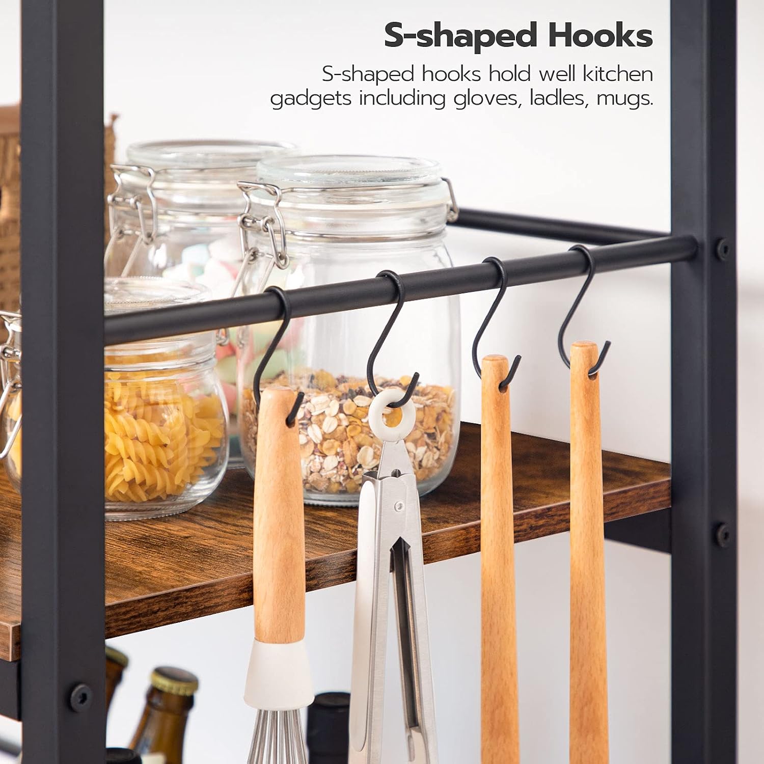 HOOBRO Kitchen Island with Storage, Industrial Kitchen Counter with Hooks and Side Enclosures, 3 Tier Kitchen Cart with Large Workstation, Saving Space, Easy Assembly, Rustic Brown and Black BF03ZD01