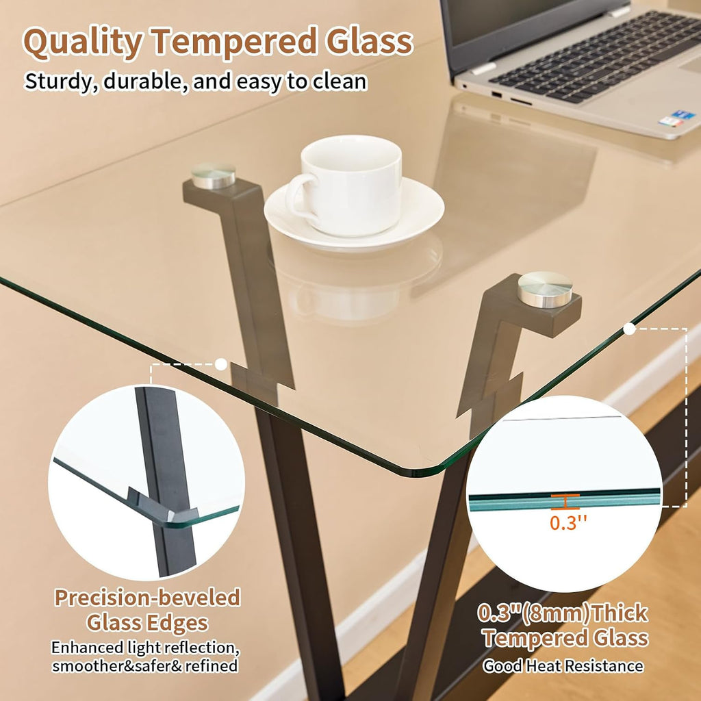 59" 4-Piece Bar Table Set, Behind Couch Sofa Table Set with Tempered Glass Top and 3 PU Stools, Counter Height Table Set for Living Room, Dining Room(Clear Glass/Gray)