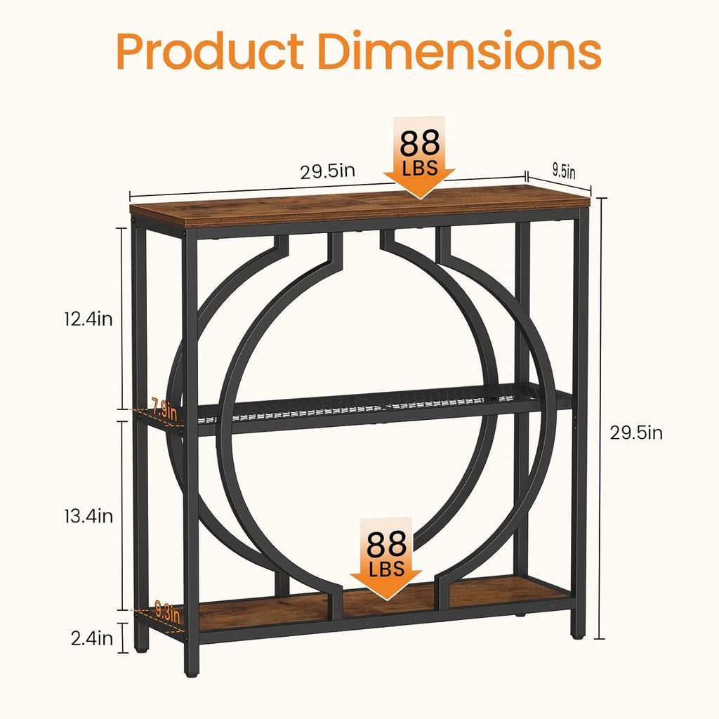 Snughome Entryway Table with 3 Tier Storage Shelves, Narrow Console Table Industrial Sofa Table with Circle Base, Behind The Couch Entrance Table for Hallway, Living Room, Foyer