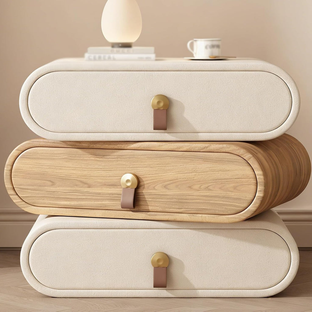 Cream-Style Nightstand,rotatable Side Table with 3 Drawers and Leather Handles,Wood Bedside Tables Cabinet Storage for Bedroom/Living Room Rounded Corners(White+Wood,17.7in/45cm)