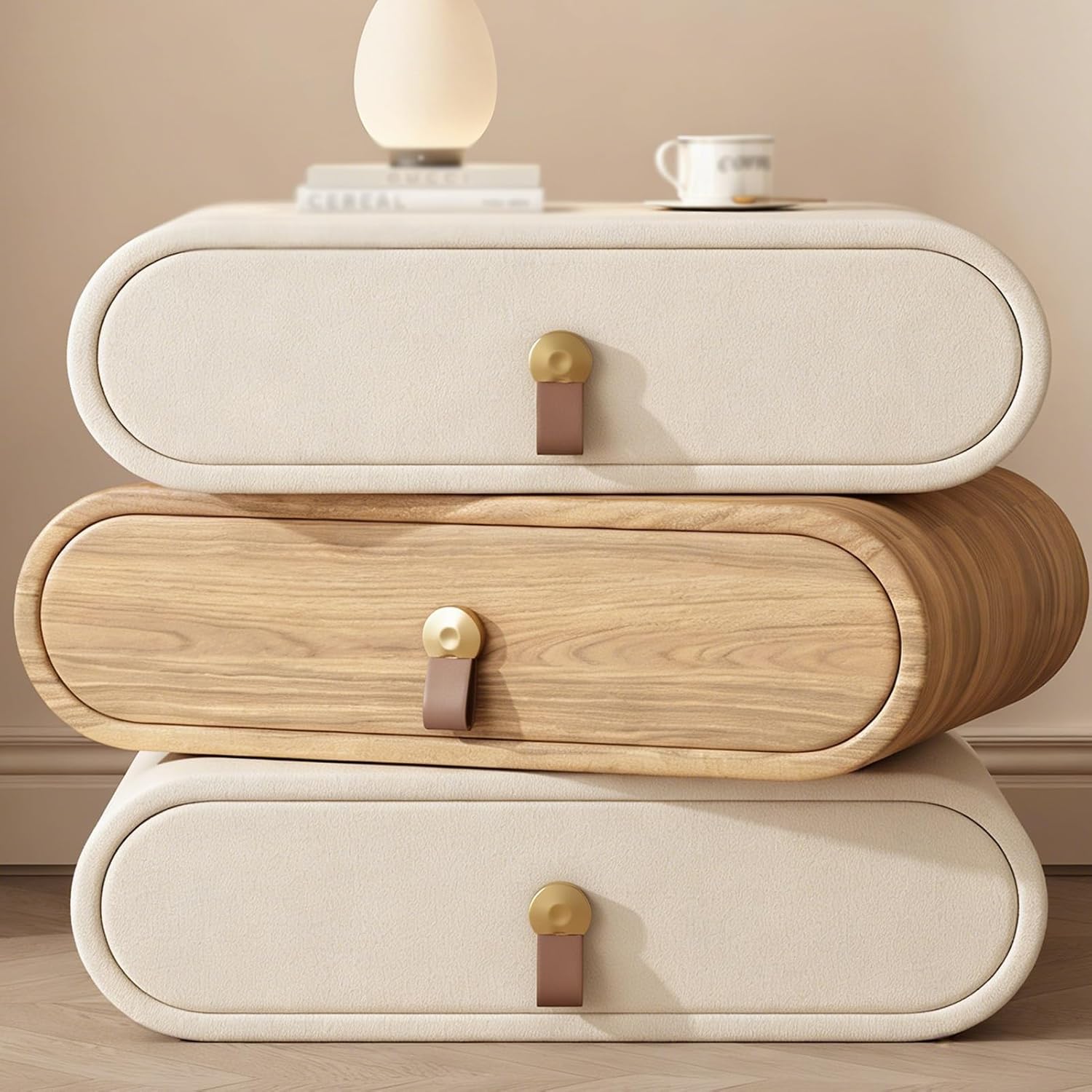 Cream-Style Nightstand,rotatable Side Table with 3 Drawers and Leather Handles,Wood Bedside Tables Cabinet Storage for Bedroom/Living Room Rounded Corners(White+Wood,17.7in/45cm)