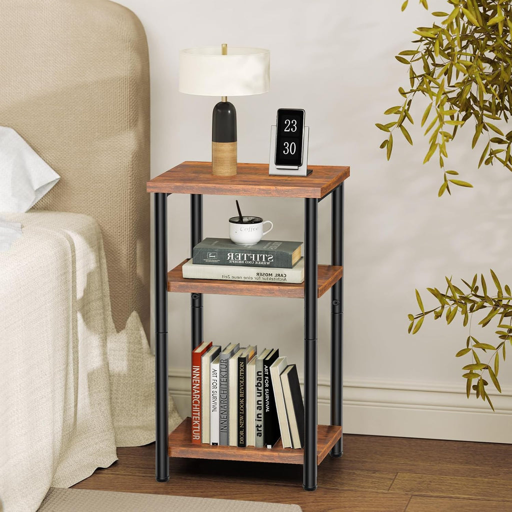OLIXIS End Tables Set of 2, Small Side Table for Small Spaces, 3 Tier Tall Bedside Table with Open Shelf and Adjustable Feet for Living Room, Bedroom, Office, Dorm, Apartment, Brown