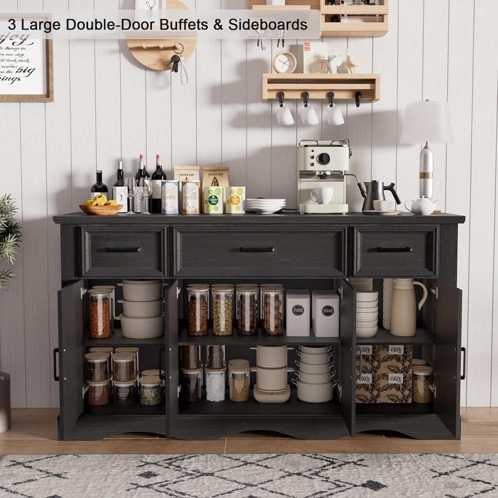 56" Buffet Cabinet Sideboard with Storage: Built-in Charging Station, Farmhouse Wood Coffee Wine Bar, Furniture with Drawers and Doors for Kitchen, Dining Room, Living Room, Black