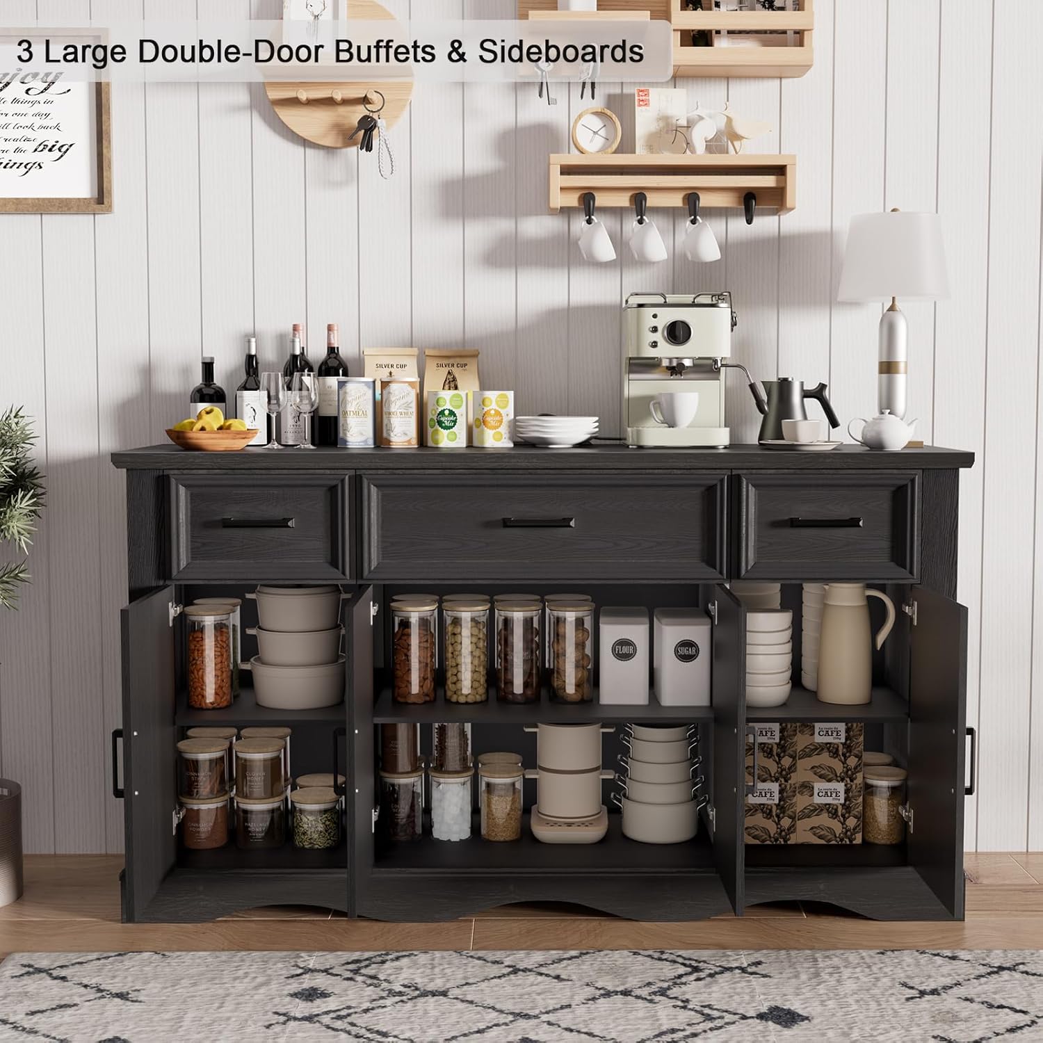 56" Buffet Cabinet Sideboard with Storage: Built-in Charging Station, Farmhouse Wood Coffee Wine Bar, Furniture with Drawers and Doors for Kitchen, Dining Room, Living Room, Black
