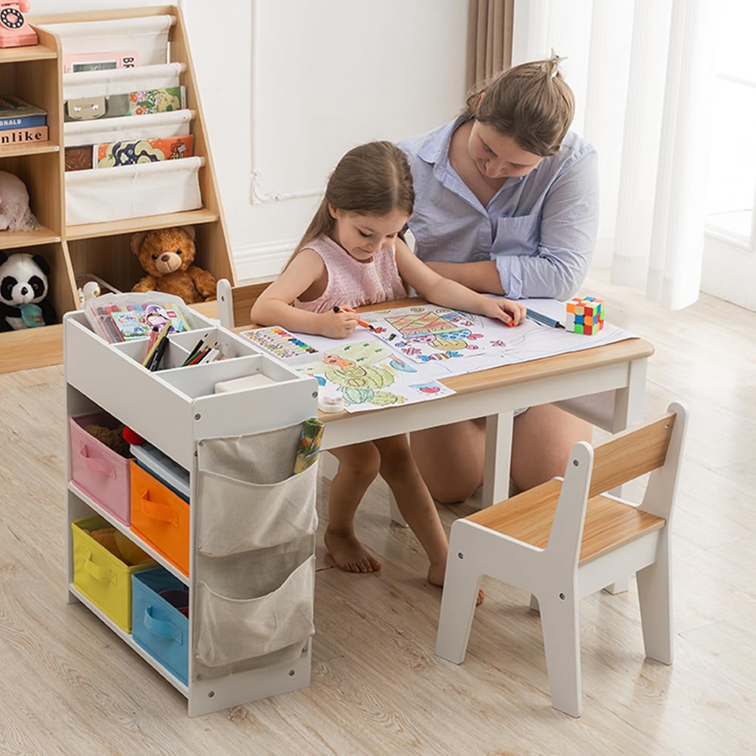 IKALIFE Kids Art Table and Chair - Toddler Craft Table and Chairs Set with 2 Chair & Bins, Large Storage Kids Activity Desk with Paper Roll for Playrooms & Classroom, 40" L x 20" W, Natural