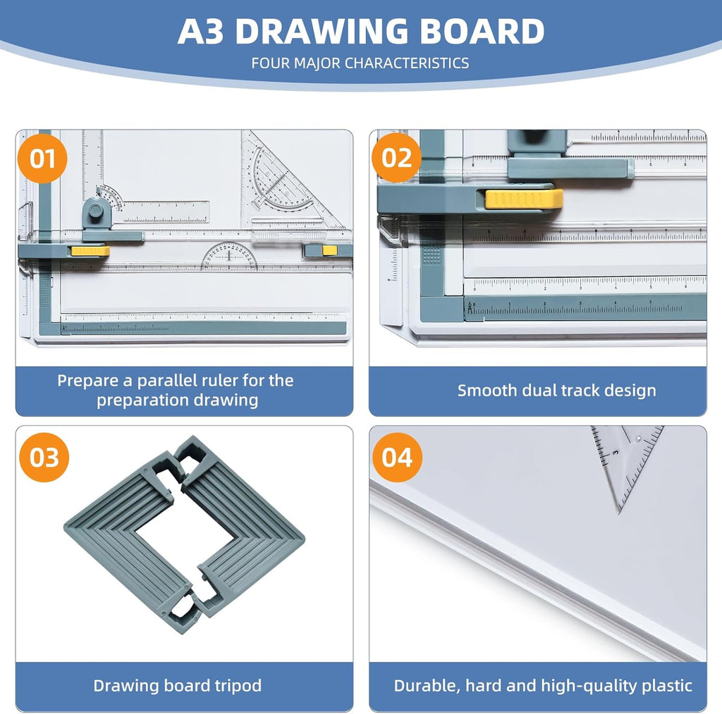 A3 Drawing Board Drafting Table Multifunctional Drawing Board Table with Clear Rule Parallel Motion and Angle Adjustable Measuring System, Inch