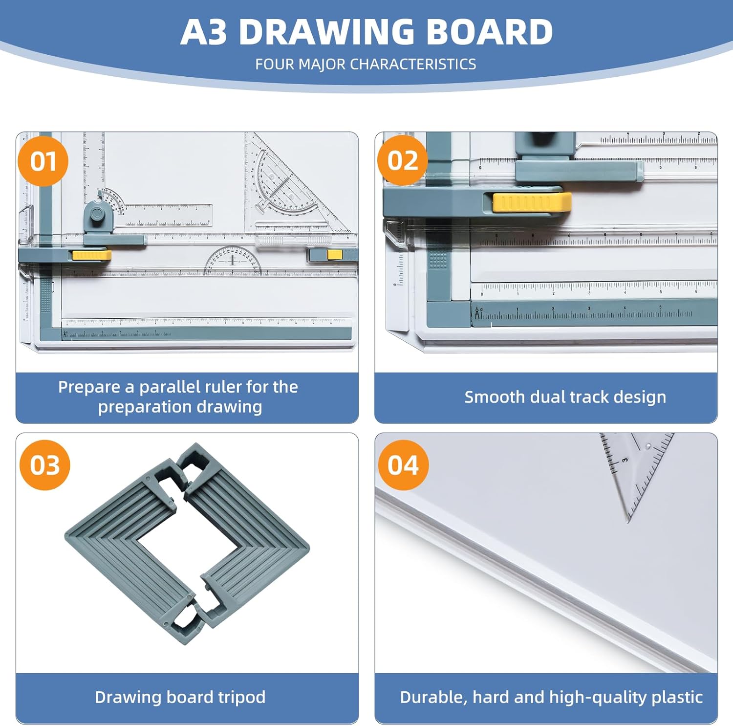 A3 Drawing Board Drafting Table Multifunctional Drawing Board Table with Clear Rule Parallel Motion and Angle Adjustable Measuring System, Inch