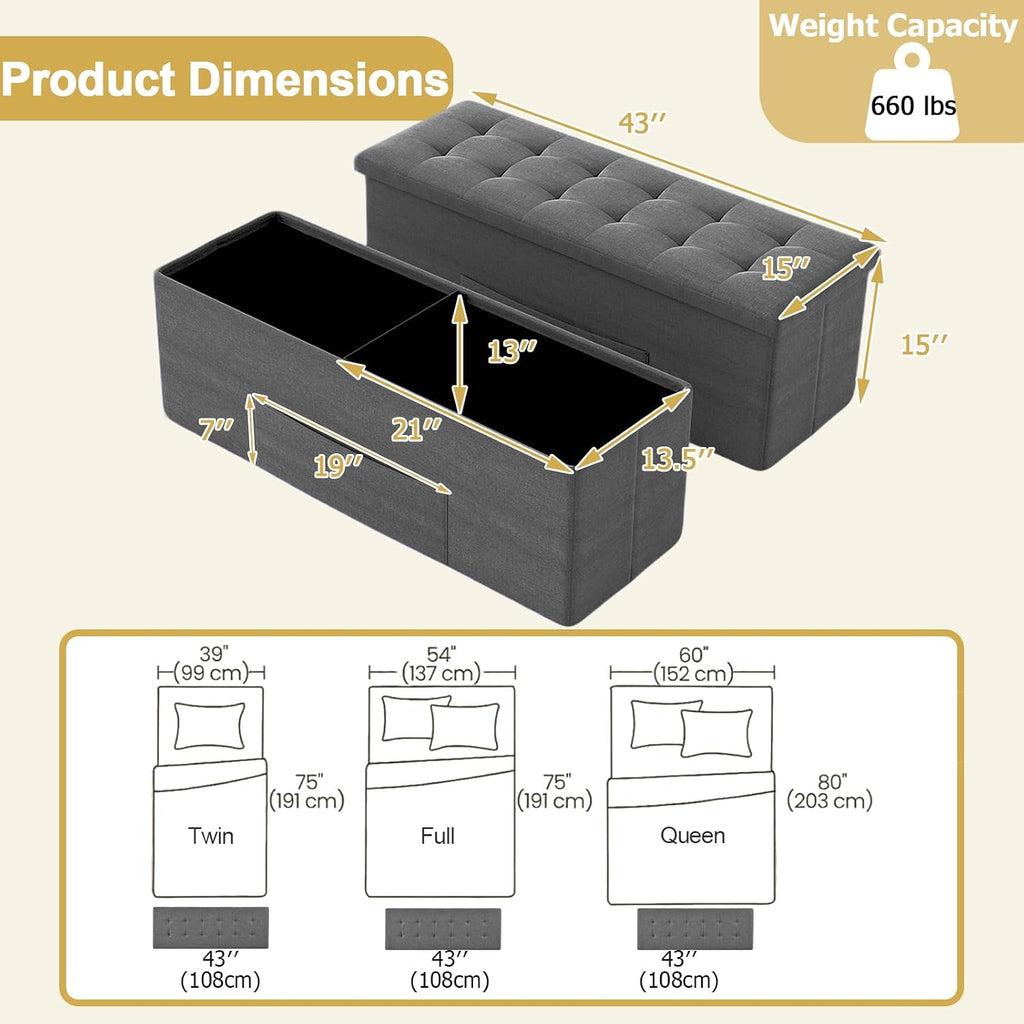 43" Folding Storage Ottoman Bench, End of Bed Foot Rest Stool with Removable Divider & Side Pocket, Storage Chest for Entryway, Living Room, Bedroom, 660 lbs Weight Capacity (Dark Grey)