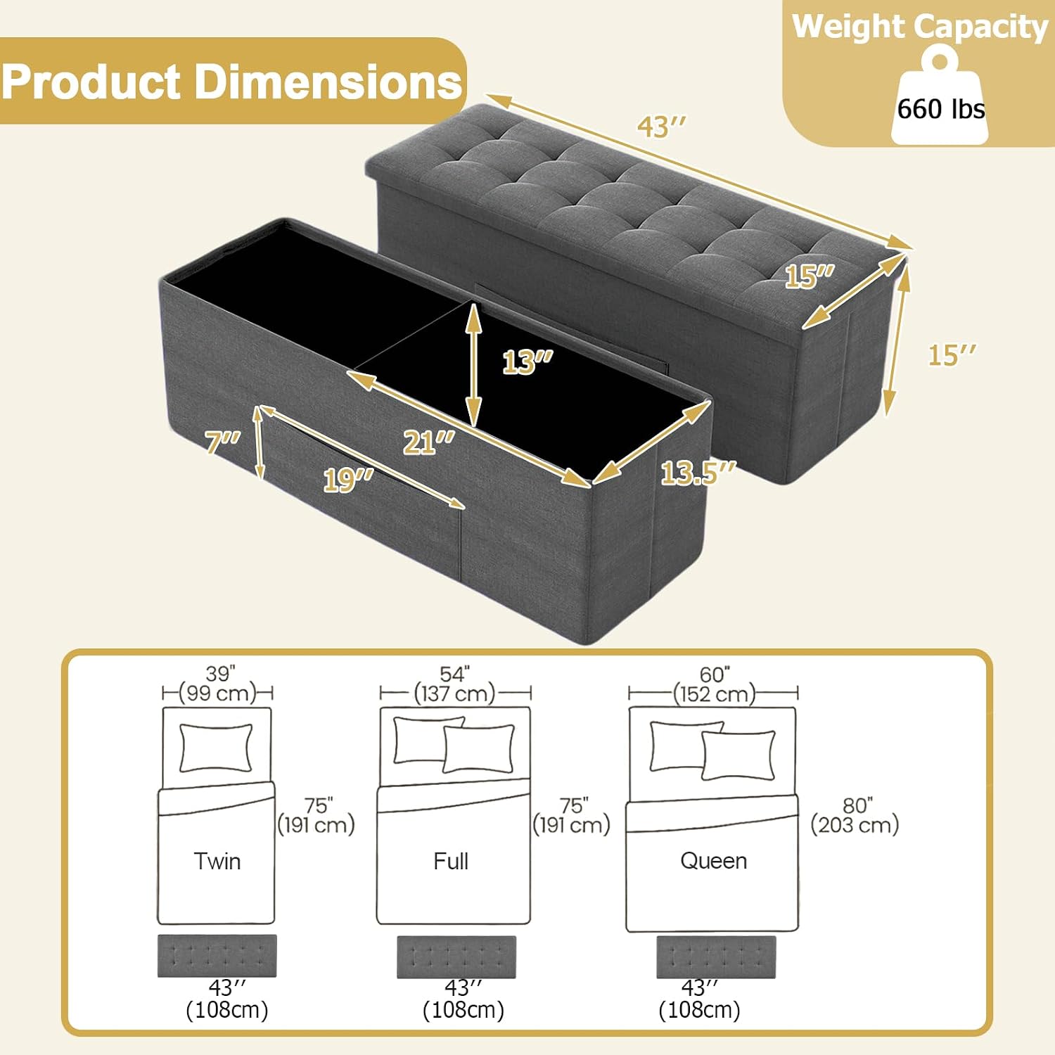 43" Folding Storage Ottoman Bench, End of Bed Foot Rest Stool with Removable Divider & Side Pocket, Storage Chest for Entryway, Living Room, Bedroom, 660 lbs Weight Capacity (Dark Grey)