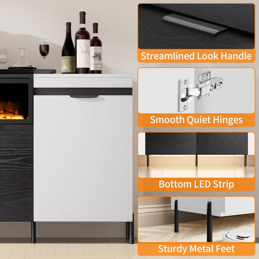 Sideboard Buffet Cabinet with Storage, 80" Large Credenza with 40" Fireplace, Wood Coffee Wine Bar Console Table with 4 Doors & Open Shelf for Dining Room, Living Room, Black & White