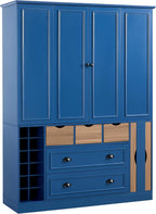 71" Tall Kitchen Pantry Storage Cabinet with 4 Foldable Doors, Freestanding Large Cupboard with Power Outlet, Adjustable Shelves and Wine Racks for Dining Room, Kitchen, Blue