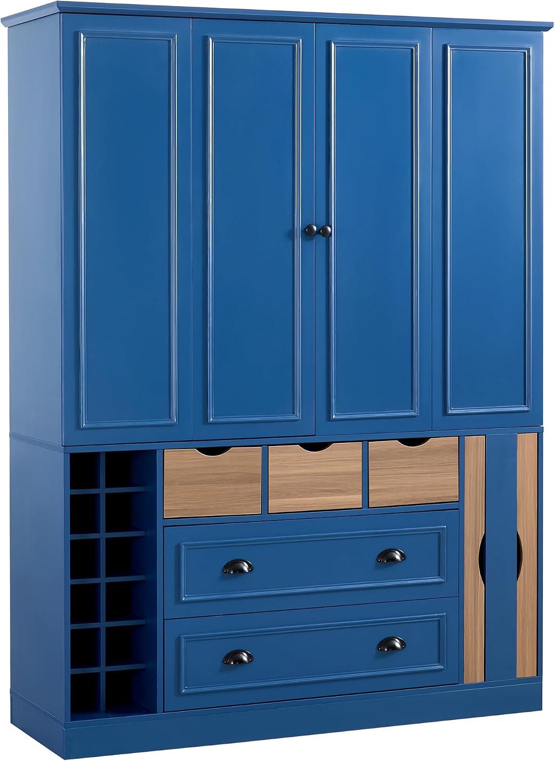 Farmhouse 71''H Large Kitchen Pantry,Deepen Dining Storage Cupboard with 4 Foldable Doors,Power Outlet, Shelves, Wine Racks and Serving Trays (Blue/FD)