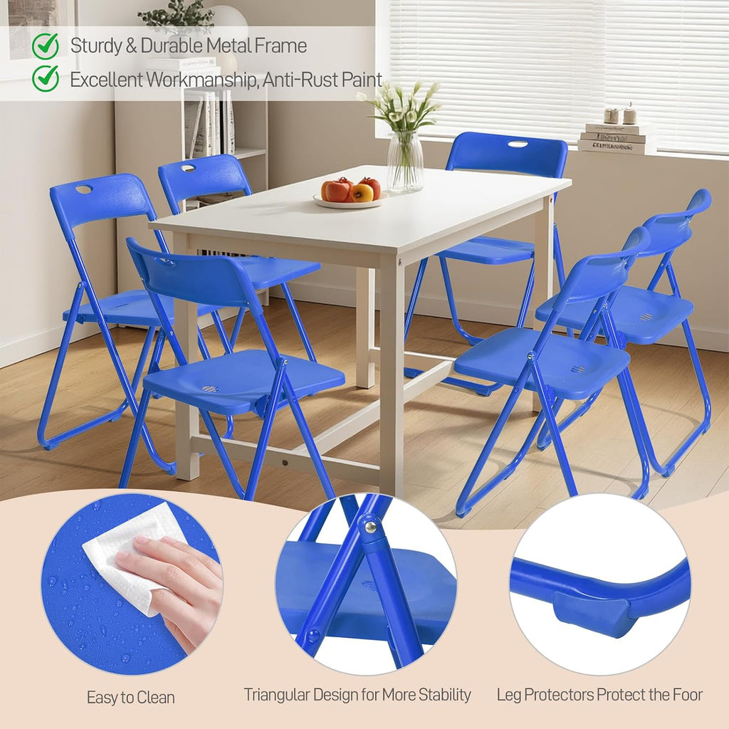 Karl home 6 Pcs Folding Chair, 300LBS Lightweight Foldable Plastic Chair, Reinforced Metal Frame Easy to Fold & Store for Indoor & Outdoor, Wedding, Party, Meeting Room, Patio and Garden, Blue