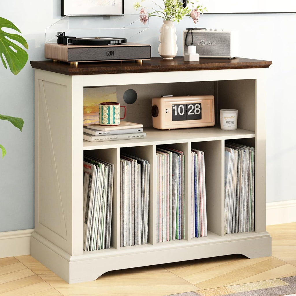 RowyPoey Large Farmhouse Record Player Stand, Turntable Stand with Vinyl Storage, Wood Record Holder Storage Cabinet Dispaly Shelf for Living Room, Bedroom, Office, Antique White
