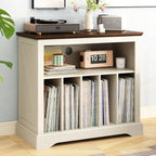 RowyPoey Large Farmhouse Record Player Stand, Turntable Stand with Vinyl Storage, Wood Record Holder Storage Cabinet Dispaly Shelf for Living Room, Bedroom, Office, Antique White