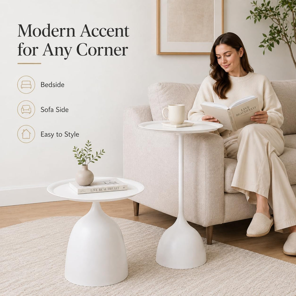 Side Tables Set of 2, 15.7'' Metal Round End Tables with Round Base, Small Accent Tables for Living Room Bedroom Sofa, Minimalist Side Table Set with Tall and Short (White)