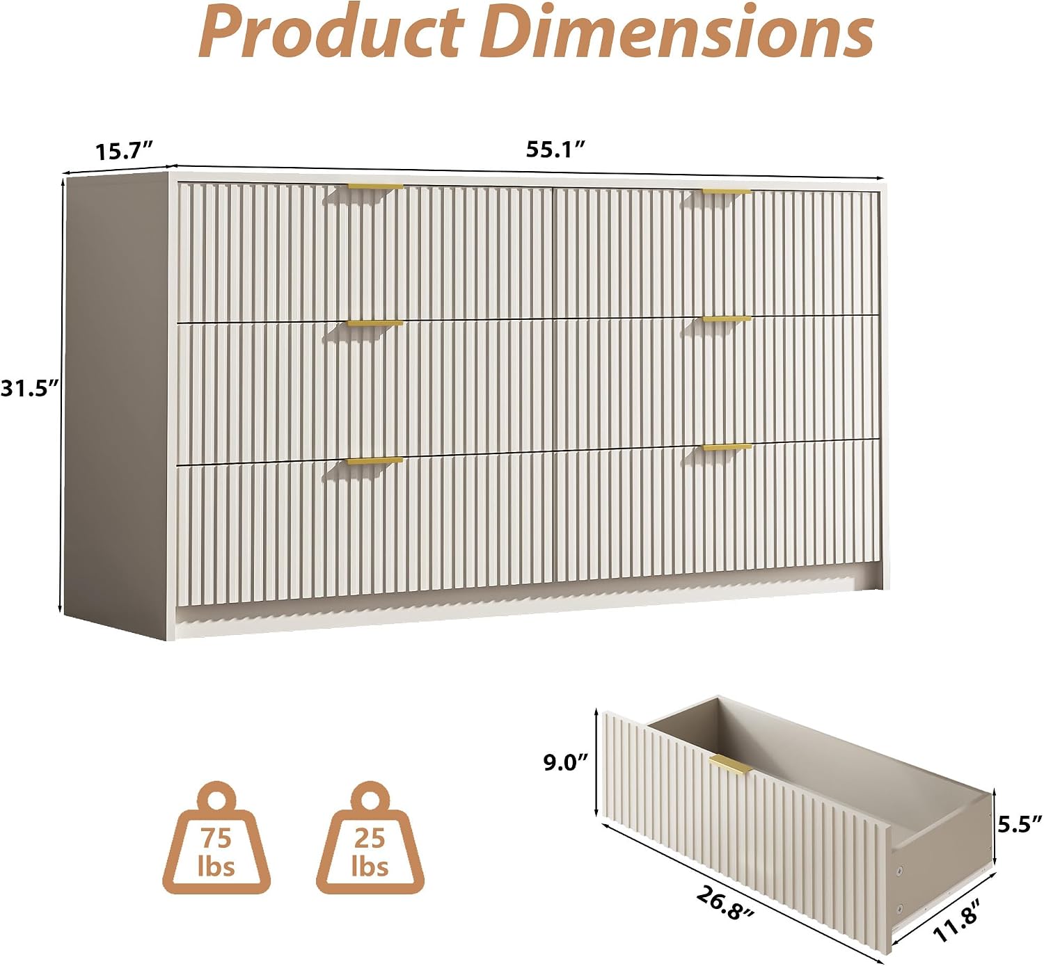 MAISONARIA 6 Drawer Dresser for Bedroom, 55" Wide Modern Chest of Drawers with Gold Metal Handles, Fluted Wood TV Stand for Living Room, Hallway(Beige)