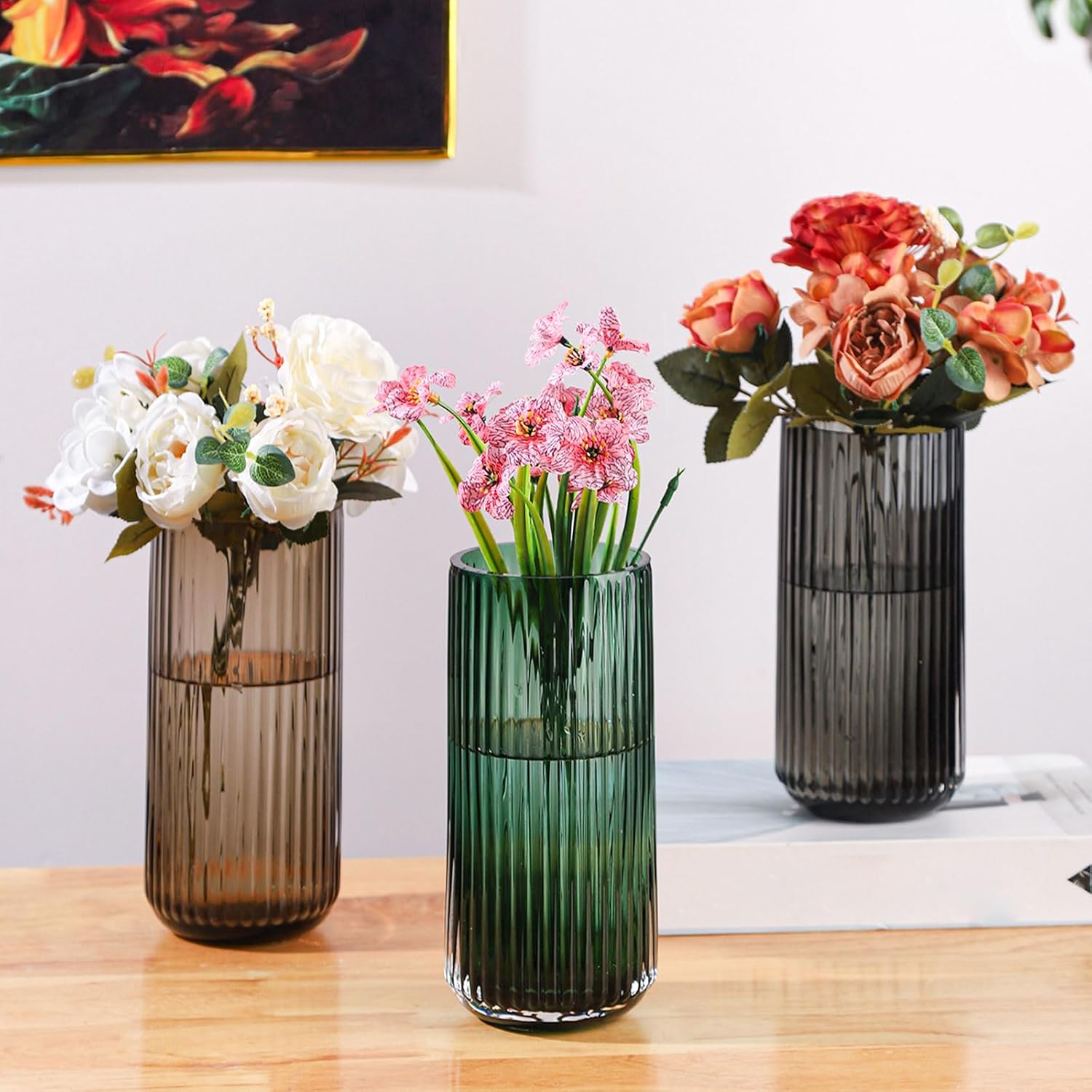 WHJY Cylindrical Gray Glass Vase, Vintage Flower Vase, Hand Blown Glass Vase, Decor for Dining Table Centerpiece Décor – 10 inches