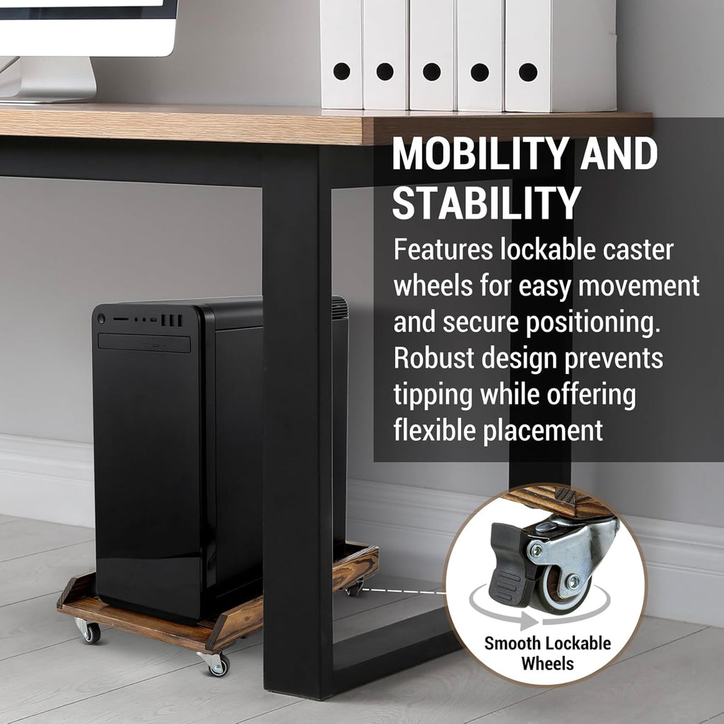 MyGift Rustic Solid Wood CPU Tower Stand – Deluxe PC Holder with Rolling Lockable Caster Wheels, Computer Case Floor Stand