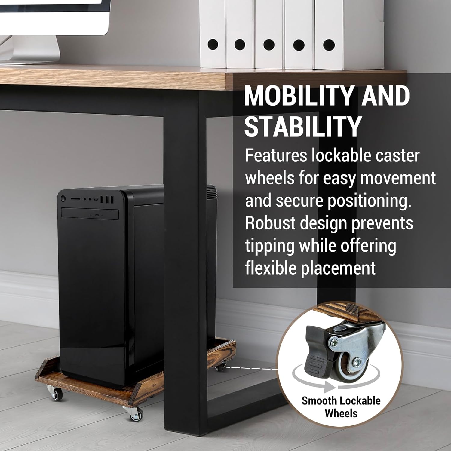 MyGift Rustic Solid Wood CPU Tower Stand – Deluxe PC Holder with Rolling Lockable Caster Wheels, Computer Case Floor Stand