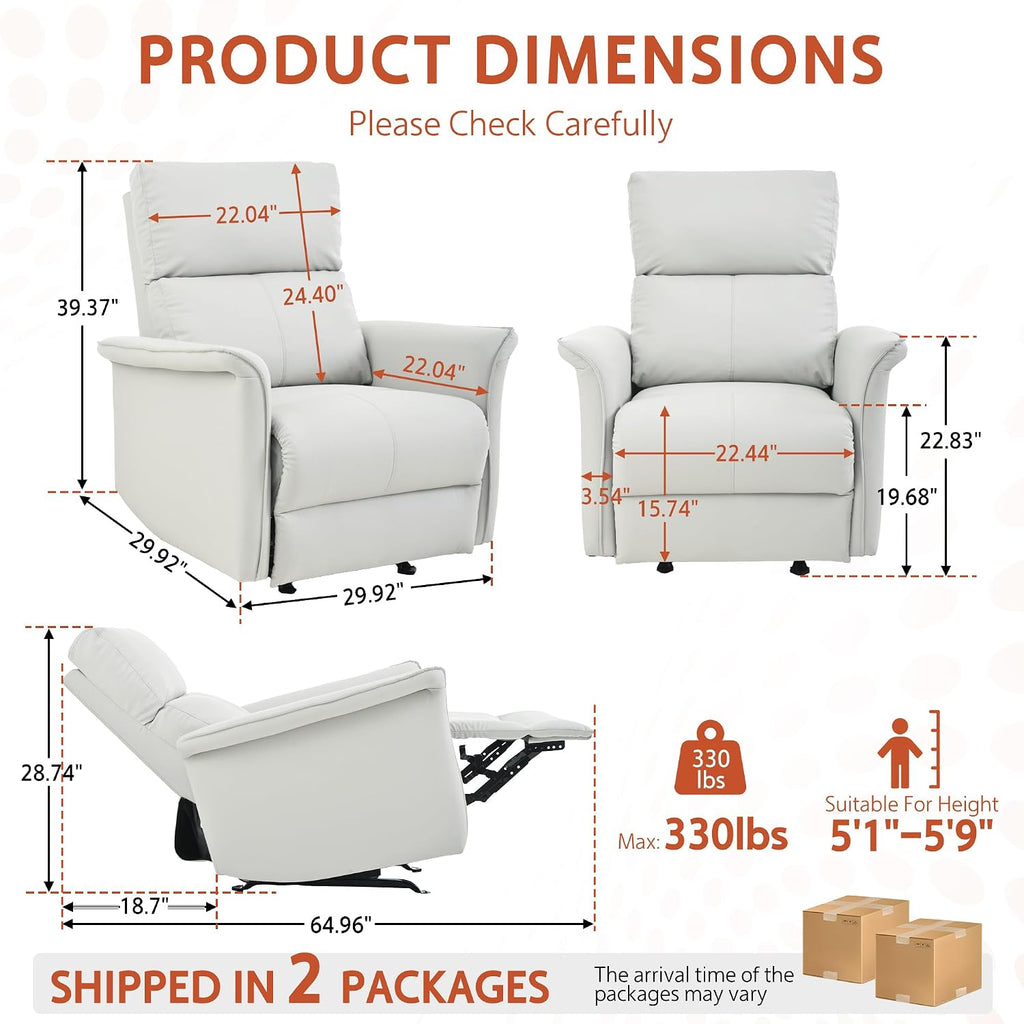 Chair, Rocking, PU Leather Nursery Glider, Manual Rocker Chair for Adults, 150 Degree Recline, Wide Armrests, Living Room Bedroom Home Theater, Light Gray