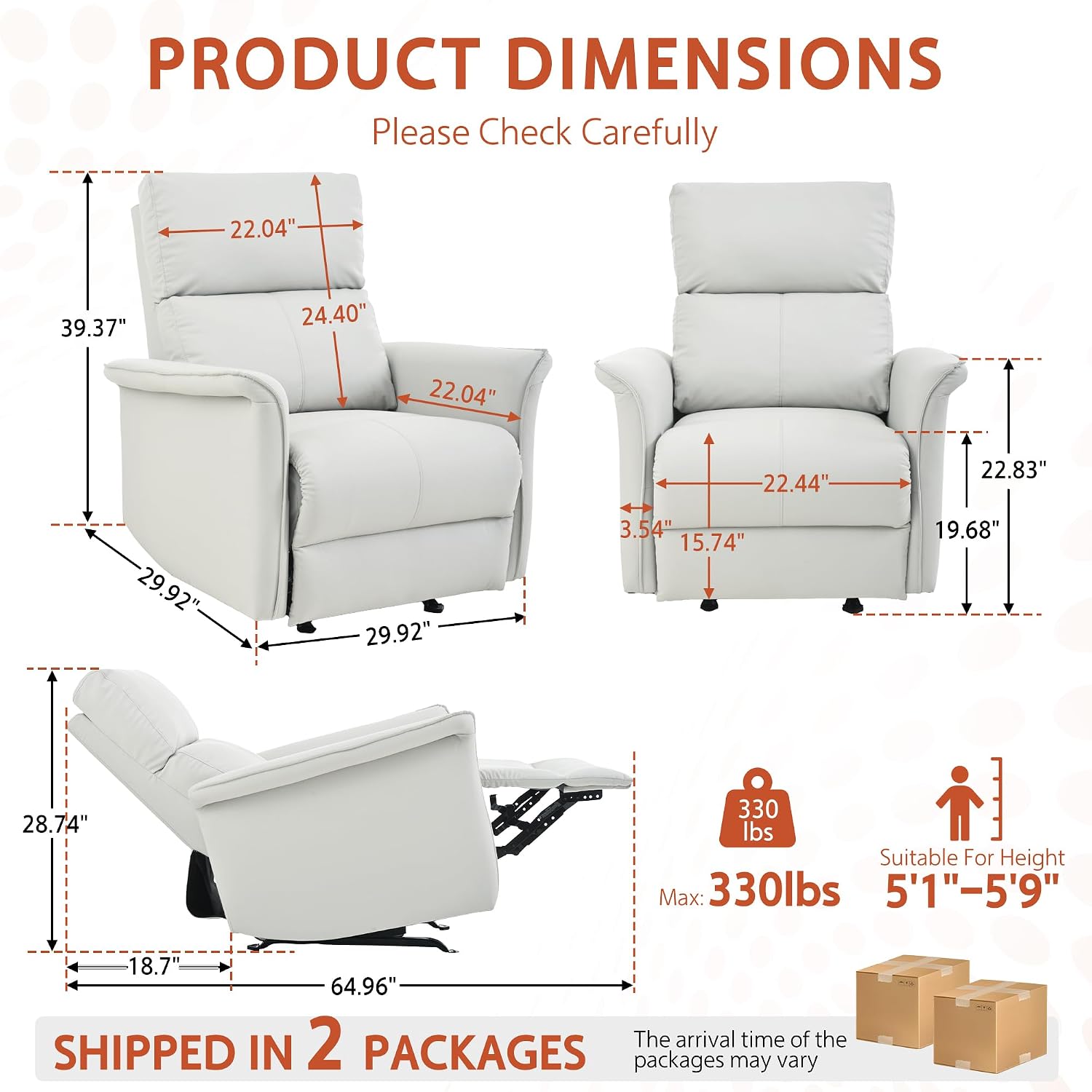 Chair, Rocking, PU Leather Nursery Glider, Manual Rocker Chair for Adults, 150 Degree Recline, Wide Armrests, Living Room Bedroom Home Theater, Light Gray