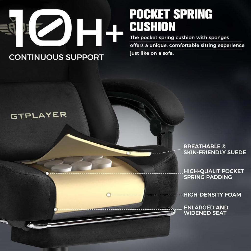 GTPLAYER Big and Tall Gaming Chair 400lbs Heavy Duty Office Chair with Foot Rest, High Back Pocket Spring Ergonomic Computer Chair for Adults, Wide Comfy Seated Cushion with Linkage Armrests, Black