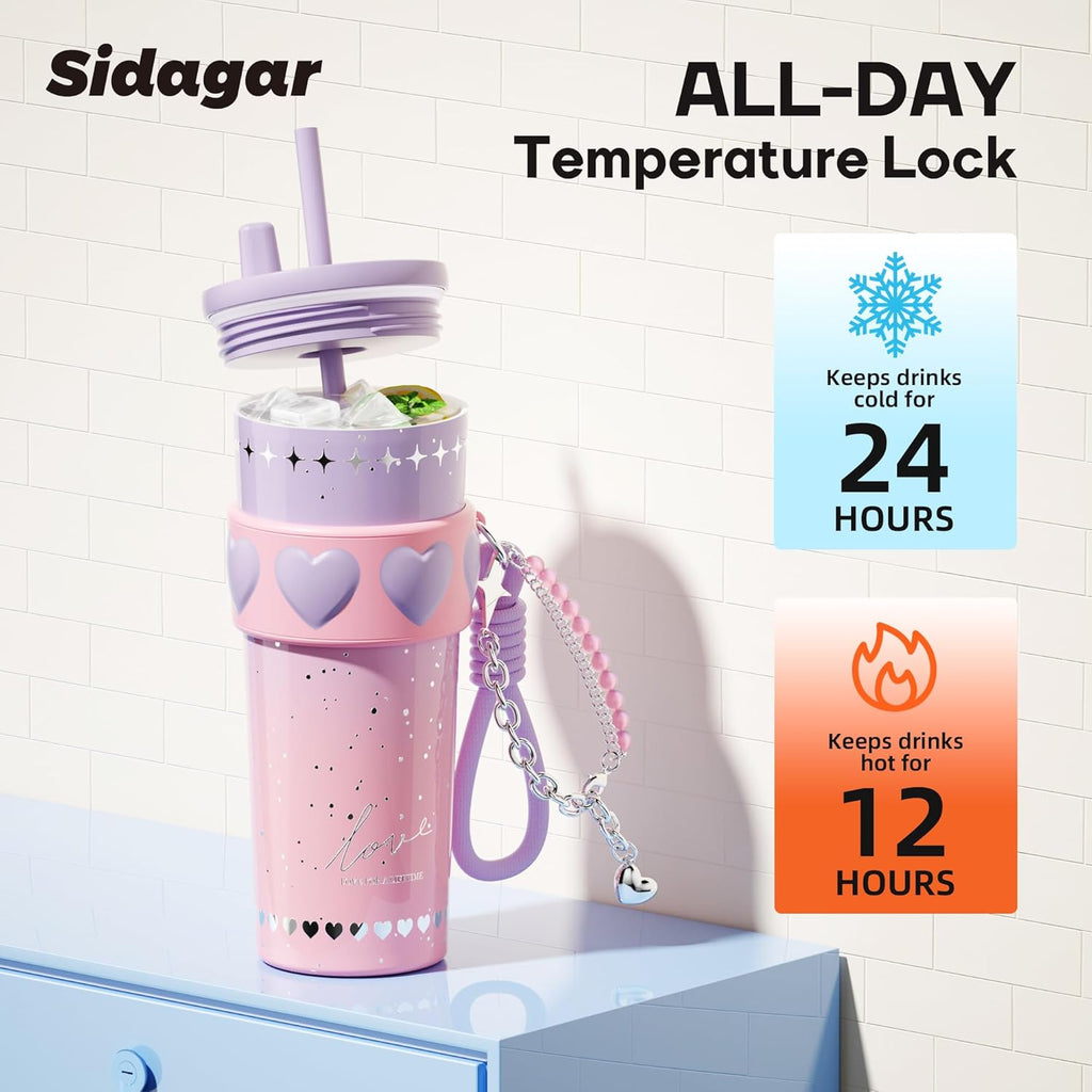 24 oz Stainless Steel Tumbler with Lid and Straw, Insulated Coffee Mug, Leak Proof, Portable Iced Travel Water Bottle, Reusable Thermal Coffee Cup Gift for Women, Purple