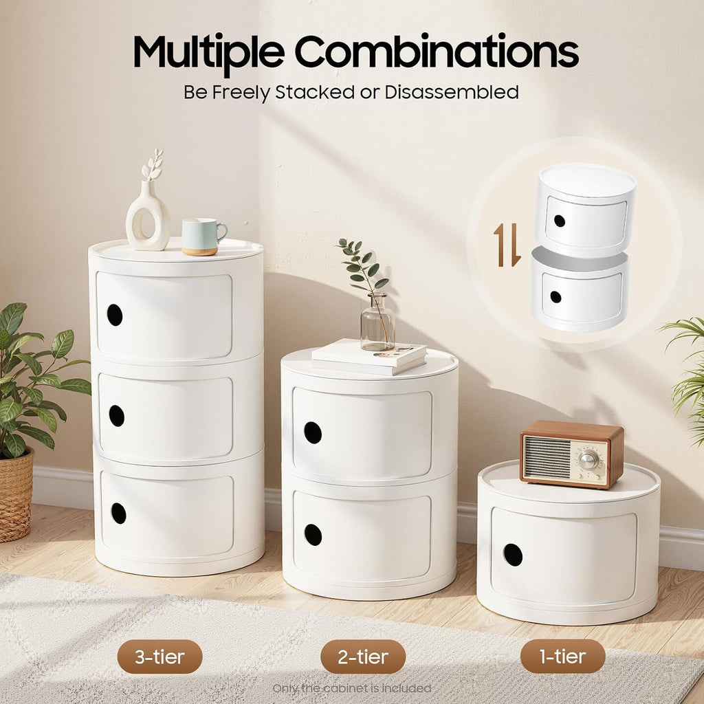 3-Tier Round Nightstand with Doors, Modern White ABS Bedside Table with Storage Drawers, Round Side Table for Bedroom, Living Room, 12.5" Diameter x 22.8" High