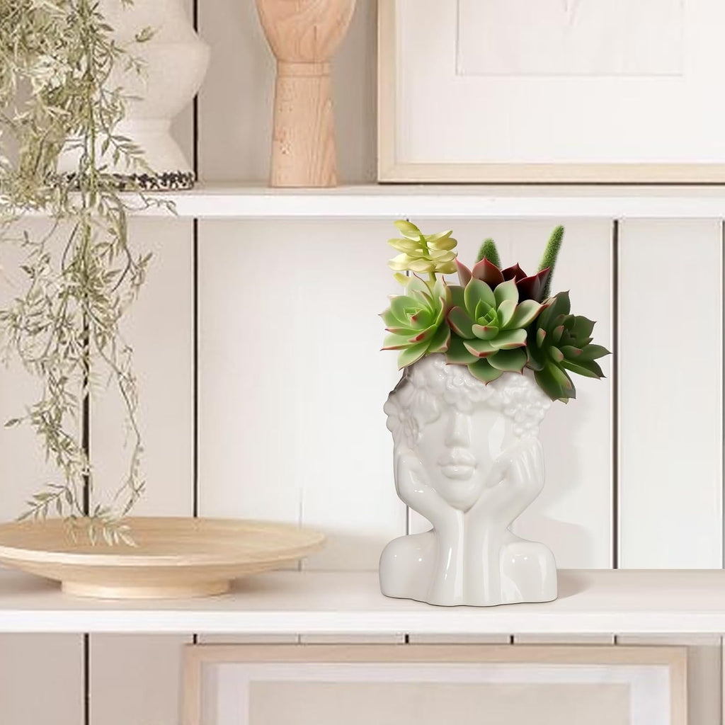 ComSaf White Ceramic Flower Vase for Decor,Modern Style Female Form Face Vase,Unique Flower Vase for Home Living Room Office Decor - Face Type A
