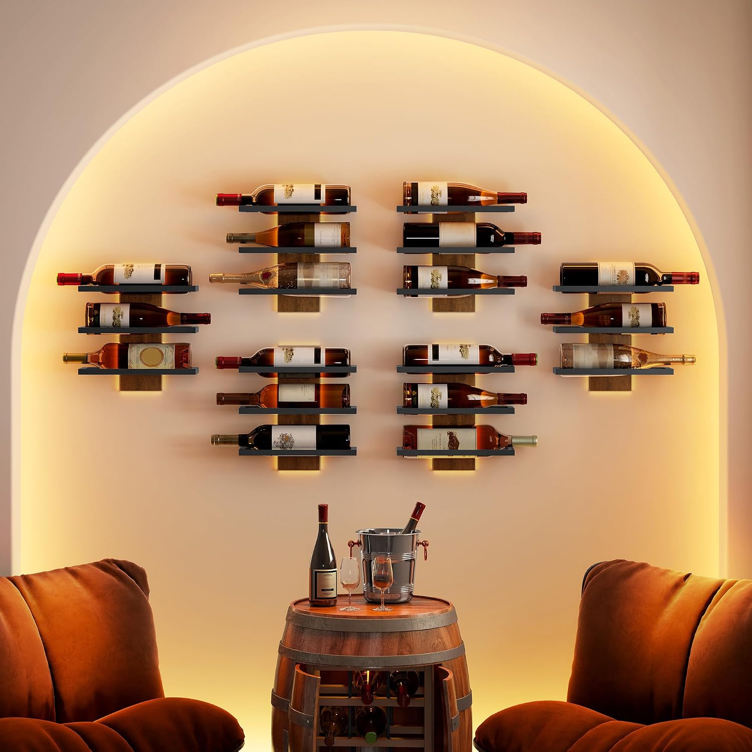 Hoctieon 3-Tier Wall Mount Wine Rack, Wall Mounted Wine Bottle Racks for Display and Storage, Hanging Bottle Holder, for Living Room, Dining Room, Bar, Wine Cellar, Rustic Brown
