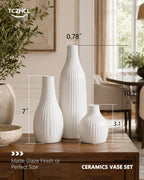 Minimal Line White Ceramic Vase Set of 3 - Modern Nordic Boho Decorative Vases for Home Table Decor, Shelf, Entryway, Coffee Table, Dining Table Centerpiece, Fireplace Mantel - Matte White