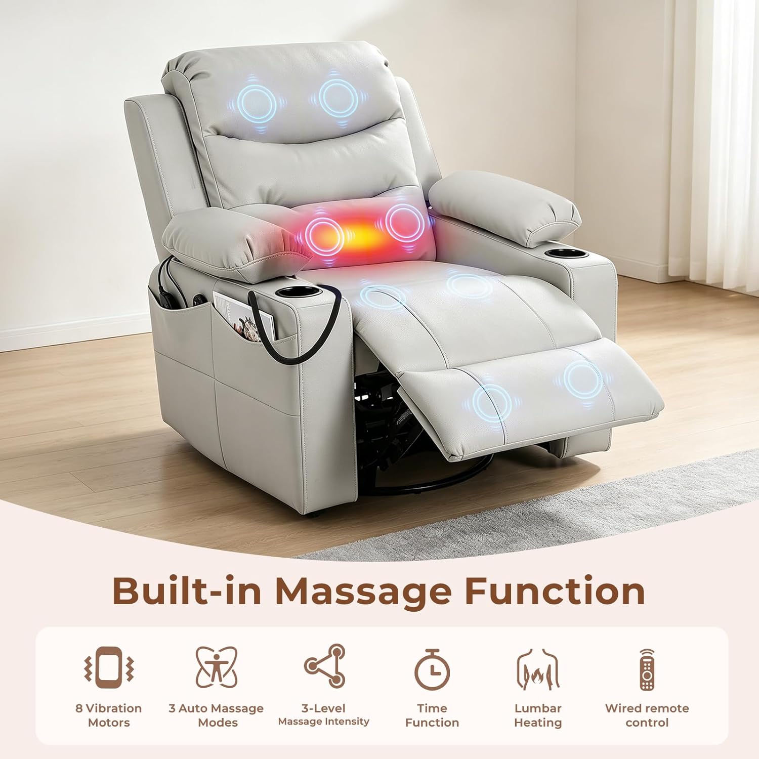 Electric Nursery Recliner Chair, Triple Motor Power Glider, 270° Swivel Rocking Chair with Adjustable Armrests, 8-Point Massage & Lumbar Heating, Phone Holder & Storage, Upholstered Nursing Chair