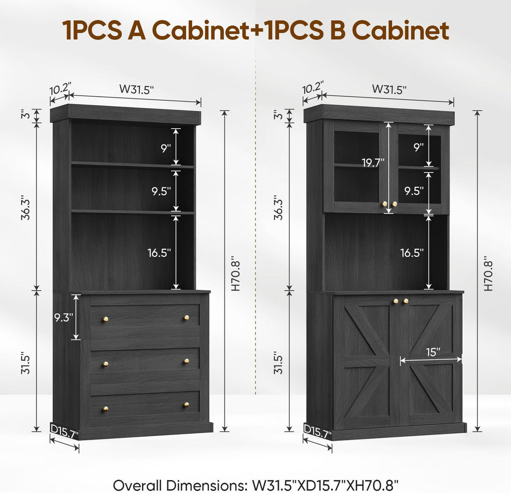 71" Farmhouse Kitchen Pantry Cabinet Freestanding Coffee Bar with Glass Doors or Drawers, Microwave Stand, Large Storage Hutch with Adjustable Shelves for Kitchen and Living Room，Black 3pcs