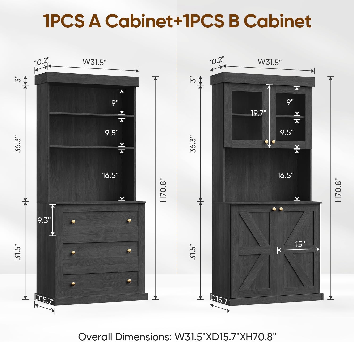 71" Farmhouse Kitchen Pantry Cabinet Freestanding Coffee Bar with Glass Doors or Drawers, Microwave Stand, Large Storage Hutch with Adjustable Shelves for Kitchen and Living Room，Black 3pcs