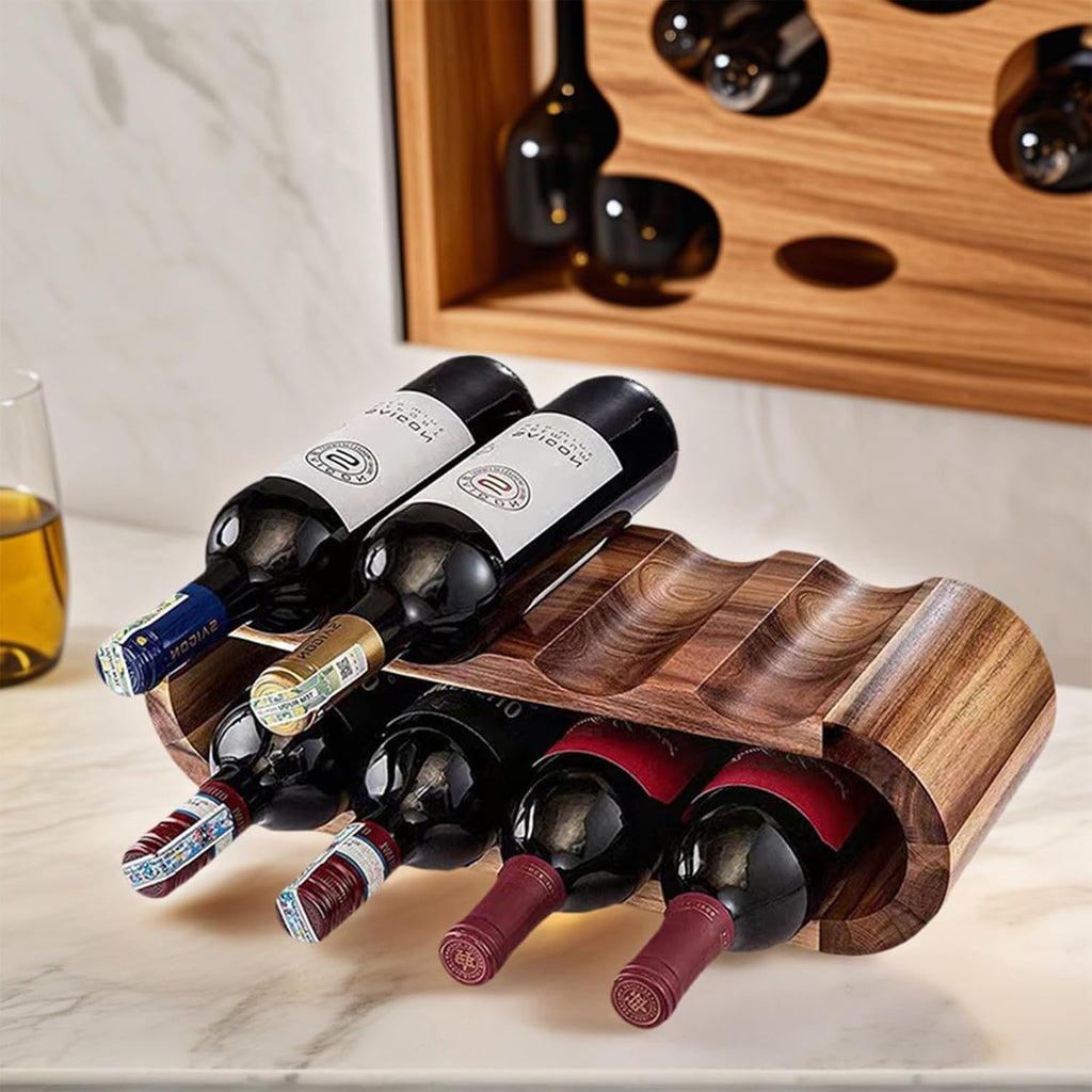 MultiBey 8-Bottle Acacia Wood Wine Rack - Freestanding Wine Compact Countertop & Cabinet Storage, Tabletop Wine Liquor Bottle Holder for Kitchen, Bar (16.34"x5.91"x4.92")