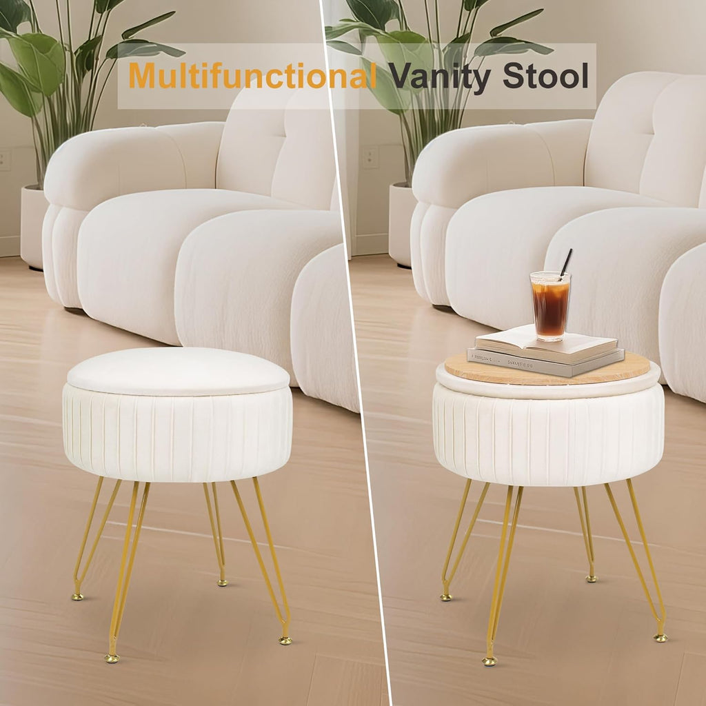 Round Vanity Stool with Storage Ottoman,Vanity Chair for Makeup Room with Removable Cover, Small Footrest Ottoman for Home, Living Room, Bedroom (Beige)