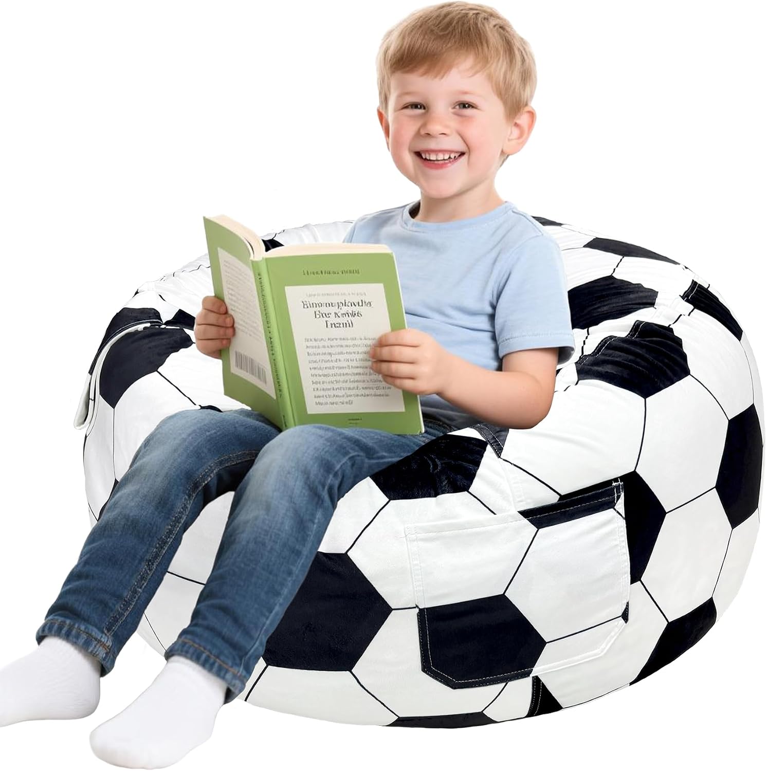 Lukeight Soccer Bean Bag Chair for Kids and Teens, Memory Foam Filled Floor Lounger, Washable Velvet Cover with Inner Liner, Beanbag Chair with Filling for Gaming and Reading, Large 27" D x 16" H