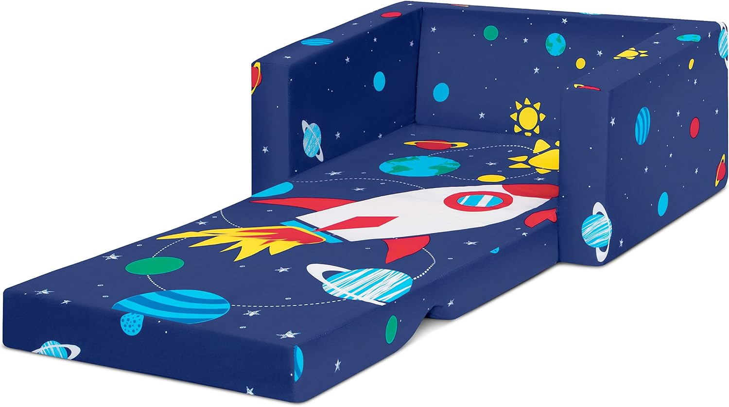 Delta Children Cozee Kids Couch 2-Seater Kids Sofa, Convertible 2-in-1 Flip Open Toddler Couch Sleeper, Foam Chair for Playroom & Bedroom, Bed Lounger, Comfy Play Sleeping Lounge Chair, Space Theme