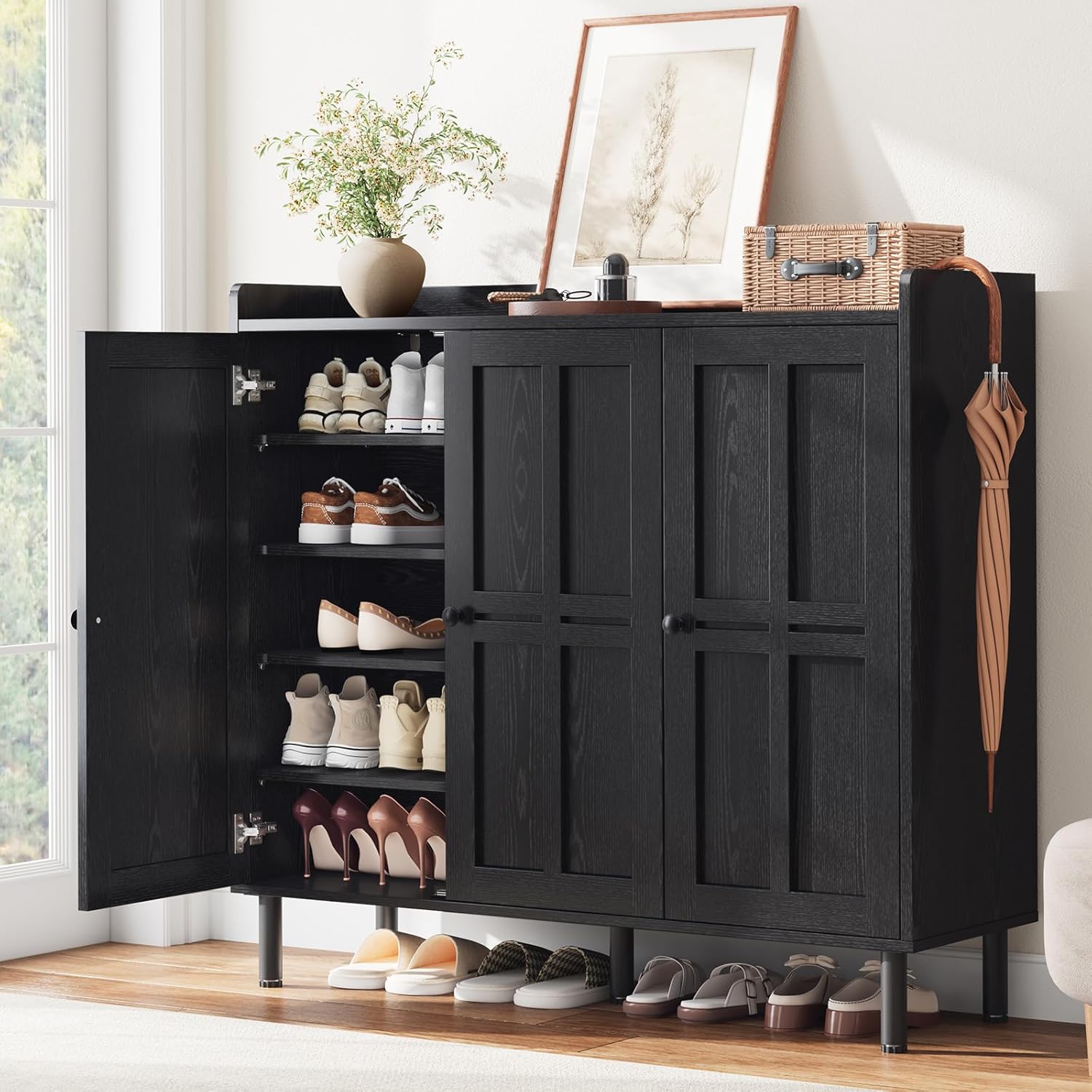 5+2 Tier Shoe Storage Cabinet with 3 Doors, 40" Tall Entryway Cabinet for 30 Pairs Shoe, Shoe Rack Organizer with 5 Adjustable Shelves & Metal Legs, Shoe Storage for Front Door Entrance, Black