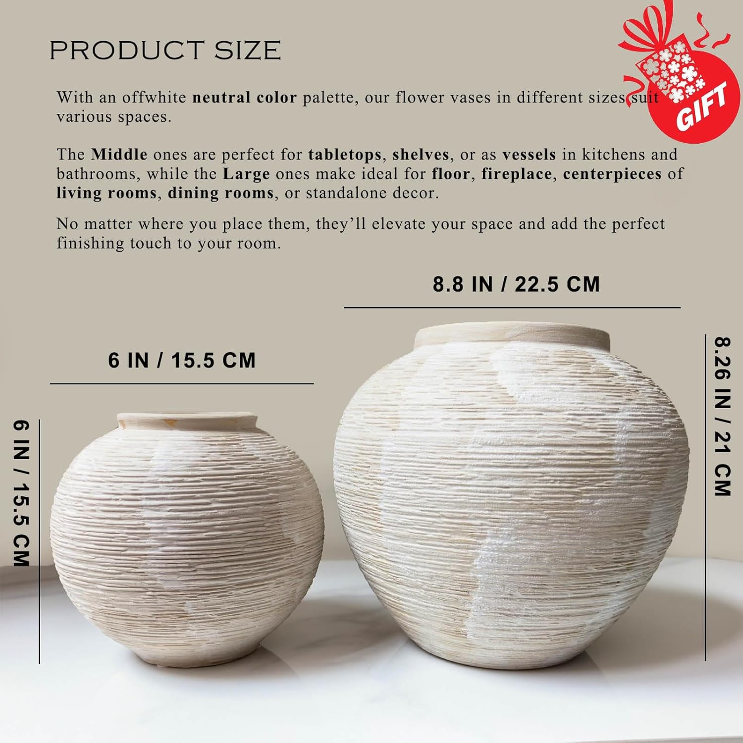 Rustic Farmhouse Vase Home Decor - 6 in Ceramic Boho Decorative Vase for Decor, Round Clay Whitewashed Terracotta Bowl vase for Living Room, Table, Shelf, Centerpieces
