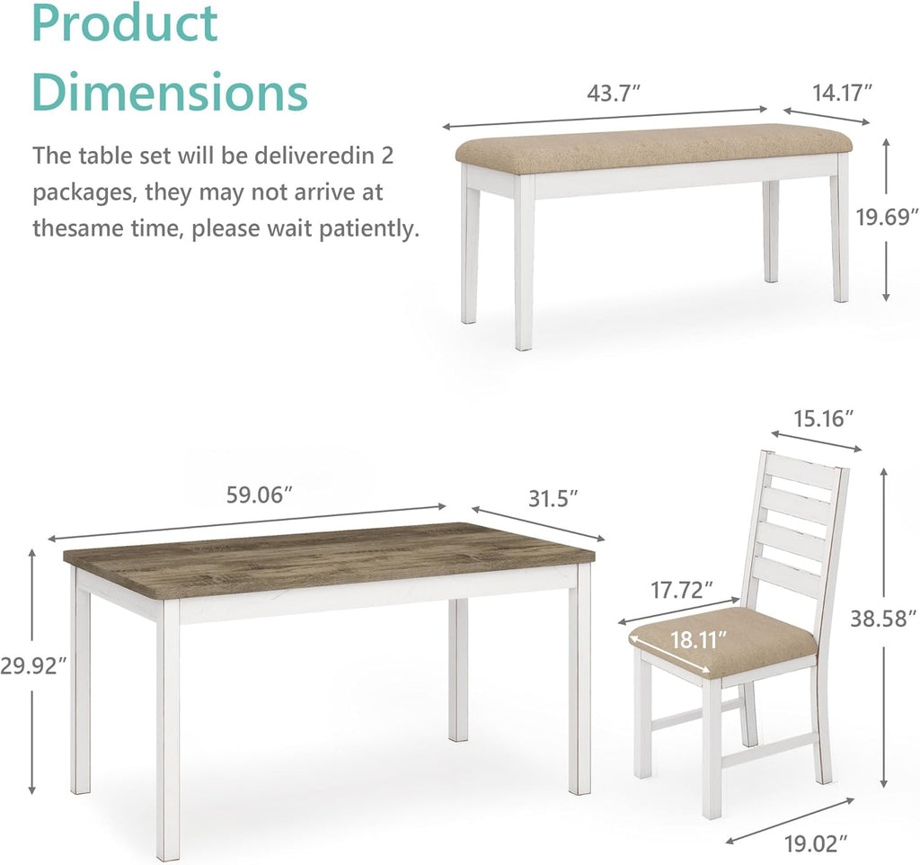 ROCSUMOO Farmhouse Dining Table Set with 4 Chairs and 1 Bench, 59" White Kitchen Table Set, Rectangular Dinner Room Table & Chairs Set Wood (4 Chairs & 1 Bench)