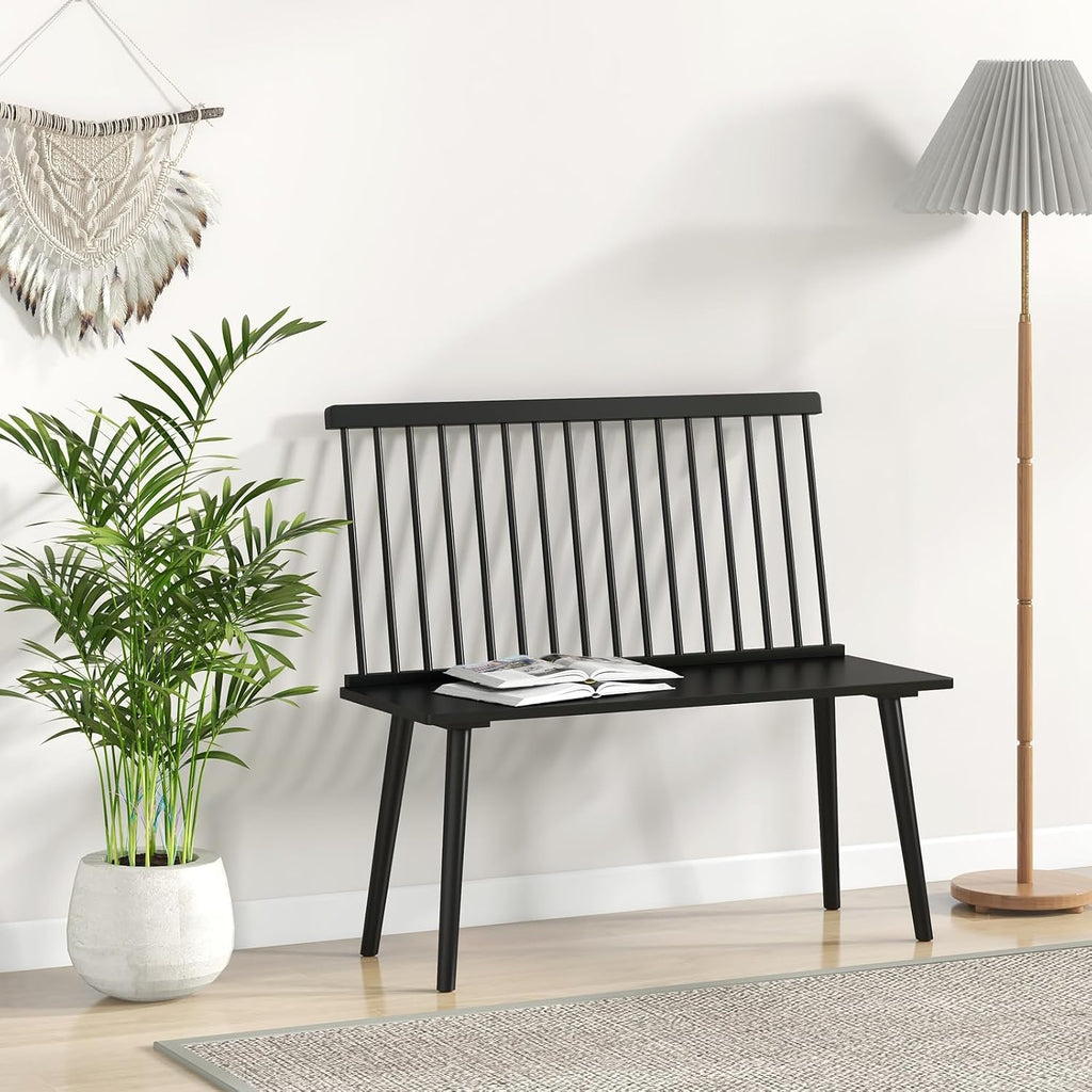 Giantex Dining Bench with Back, Black Windsor Bench with Spindle Back & Anti-Slip Foot Pads, Farmhouse Rubber Wood Dining Bench, Indoor Wooden Entryway Bench for Living Room, Dining Room, Hallway