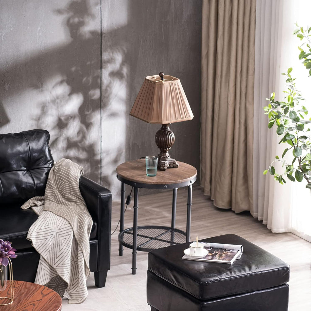 VINGLI Industrial Round End Table - 20" Metal & Wooden Side Table for Couch & Living Room